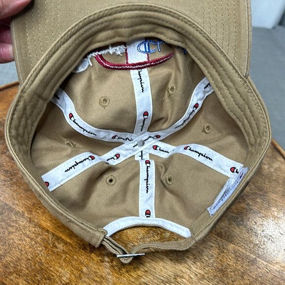 Champion Hat Tan Embroidered Baseball Cap Strapback Adjustable Spellout Neutral - Picture 9 of 11